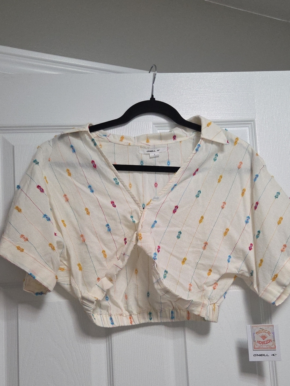 O'Neill Cream Cropped Button-Up Top with Multicolor Dot Accents